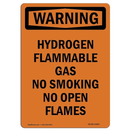 Signmission OSHA WARNING Sign, Hydrogen Flammable Gas No Smoking, 18in X 12in Decal, 12" W, 18" L, Portrait OS-WS-D-1218-V-13253